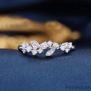 Moissanite Leaf Eternity Wedding Band 1 CT Round Cut VVS1 Solid 14K White Gold - Picture 1 of 9