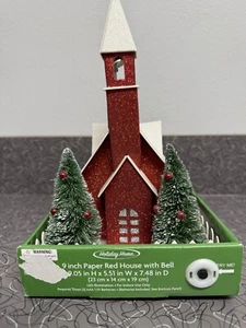 Putz Style Christmas Light Up Red Glittered Church with Bell New/Old in Box - Picture 1 of 11