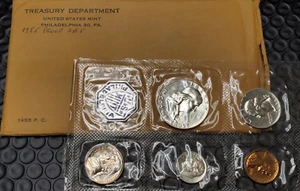 1955 US Mint Proof Set 5 Coins 90% Silver Original Envelope & Cello Flat Pack - Picture 1 of 2