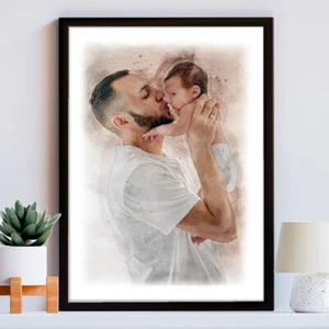 Arte en acuarela de foto personalizado retrato familiar día del padre regalo papá - Imagen 1 de 8