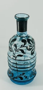 Vintage Golden Crown E&R Italy Blue Decanter Silver Flower Overlay 8” Bud Vase - Picture 1 of 10