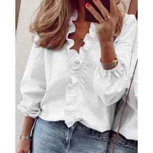 Womens Ruffle V Neck T Shirts Ladies Work Casual Long Sleeve Frill Blouse Tops - Picture 1 of 53