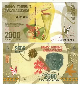 Banknote - 2017 Madagascar, 2000 Ariary, P101 UNC, Floral Motifs (F) Monkey (R) - Foto 1 di 1