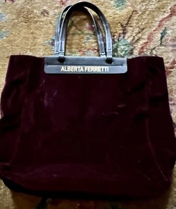 ALBERTA FERRETTI LGE MARION VELVET TOTE W/LEATHER HANDLES SILK EMBROIDERY POCKET - Picture 1 of 10