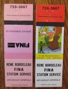 RENE BORDELEAU FINA GASOLINERA MATCHBOOK COVERS: QUEBEC -K8 - Imagen 1 de 2