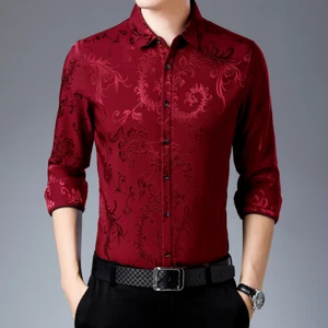 Men Satin Printed Blouse Shirt Casual Slim Shiny Tops Floral Business Work Lapel - Picture 1 of 14