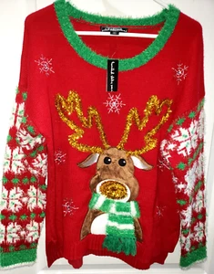 women NEW NWT UGLY CHRISTMAS SWEATER size XL REINDEER SCARF GOLD ANTLERS TINSEL - Picture 1 of 1