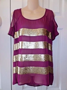 Womens Rock & Republic small M Purple Plum Cold Shoulder Gold Sequin top blouse - Picture 1 of 5