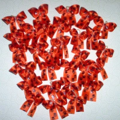 HANDMADE BY MYSELF IN THE USA Dog Grooming Bows Halloween Dog Bows Black Paws on Orange Yorkie Shih tzu USA