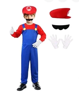 Kinder Mario Brothers Kostüm Overall mit Handschuhen, Mütze & Schnurrbart  - Bild 1 von 8