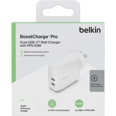 Cargador de pared doble USB-C Belkin BoostCharge PRO con PPS 60W - blanco Foto 1 de 2