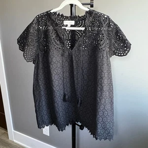 Jennifer & Grace schwarz Ösen Bluse Top kurze Flatterärmel Größe 2X - Bild 1 von 8