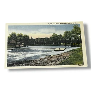 Tarjeta postal de lino Rapids and Dam Island Park Fargo North Dakota D334 - Imagen 1 de 2