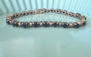 Women’s Sapphire Gemstones & Diamond Chips Tennis Bracelet Gold plated 7.25 Inch - Picture 1 of 6