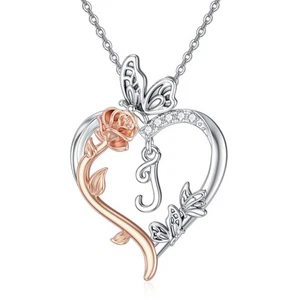 Gifts for Her Women Rose Heart Initial J Letter Necklace 925 Sterling Silver ... - Picture 1 of 7