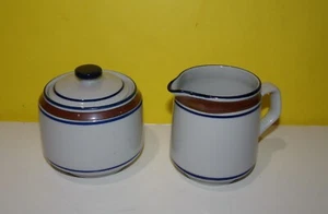 Salem Stoneware Vintage "Georgetown" Brown & Blue Bands Sugar Bowl w/Lid Creamer - Picture 1 of 2