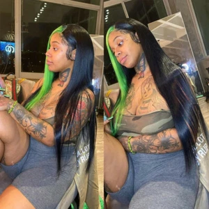 Long Straight Green Black Lace Front Fiber Hair Wigs Heat Resistant Glueless Wig - Picture 1 of 17