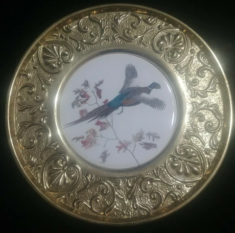 Rare Vintage Peerage 11 Inch Brass/ Porcelain Bird Wallhanging decor England Cover