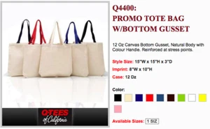 Qtees of California Promo Tote Bag Coloured Handle W/ Gusset 12oz (Nylon Handle) - Picture 1 of 5
