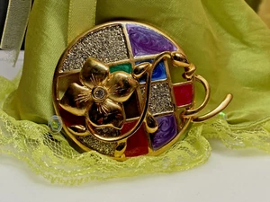 Vintage Brooch Cloisonné Round Big Gold Metal Flower Cubic Zirconia Rhinestones - Picture 1 of 10