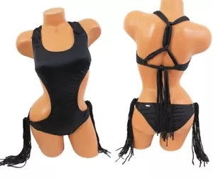 Victoria Secret Swim Macrame Fringe Monokini One-Piece Swimsuit Black Size M - Picture 1 of 9