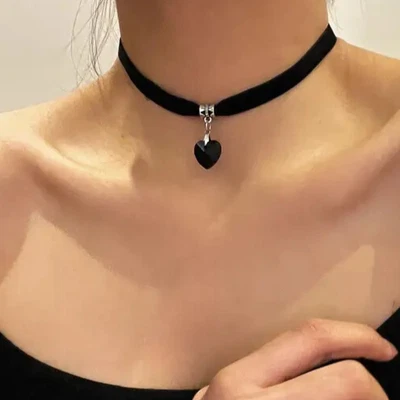Black Velvet Ribbon Choker Necklace with Crystal Heart Shaped Pendant For Women - Image 1 of 4