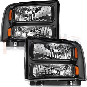 For 05-07 Ford F250 F350 F450 Super Duty Black Amber Headlights Headlamps Pair - Picture 1 of 7