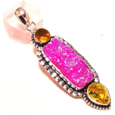 Pink Titanium Druzy Citrine Topaz Gemstone Handmade Jewelry Pendant 2.2" J039 - Image 1 of 3