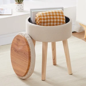 Sgabello moderno rotondo contenitore ottomano morbido vanità con gambe in legno poggiapiedi beige - Foto 1 di 7