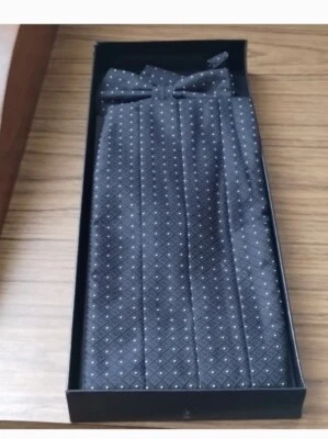 Vintage Bill Blass Silk Cummerbund & Bow Tie Black with white small Dots - Image 1 of 4