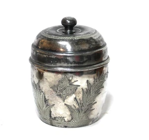 Scatola rotonda vintage porta tè o spezie metallo argento inciso - Foto 1 di 9