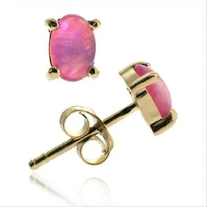 Gold Tone over Sterling Silver Created Pink Opal 6x4mm Oval Stud Earrings - Picture 1 of 2