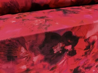 Power Mesh Netz Stretch Stoff, Meterware - Orchidee Blumen Print - Rot & Lila - Bild 1 von 4