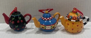 3 Mary Engelbreit Ink ME Painted Teapots Trinket Mini. Hearts,Cherry, Sunflower - Picture 1 of 9