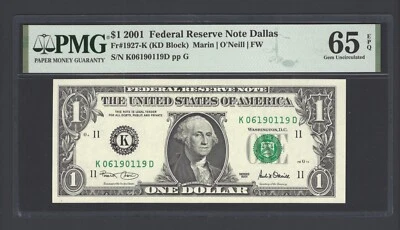 United States-Federal Reserve 1 Dollar 2001 Fr#1927-K (KD Block) UNC Grade 65 - Image 1 of 2