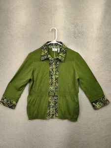 Kim Rogers Women Sweater Large Petite Green Cotton B Knit 3/4 Sleeve Button Up - Picture 1 of 16