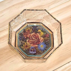 Vintage MacKenzie-Childs Garland achteckige Glasschale floral gepunktet Goldrand - Bild 1 von 9