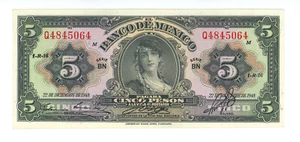 EL BANCO DE MEXICO 1948 5 PESOS BANKNOTE UNCIRCULATED - Picture 1 of 2