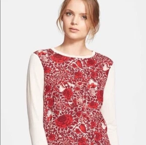 Tory Burch Kyoto Top Tee Size Med Floral Butterfly Long Sleeve Silk Front - Picture 1 of 10