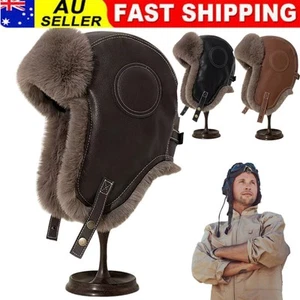Men Faux Leather Aviator Trapper Hat Cap Flying Fur Winter Warm Vintage Beanie - Picture 1 of 15