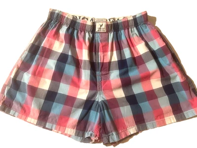 Roupa íntima masculina xadrez algodão vintage AMERICAN EAGLE AE vermelha azul branca tamanho G - Imagem 1 de 4