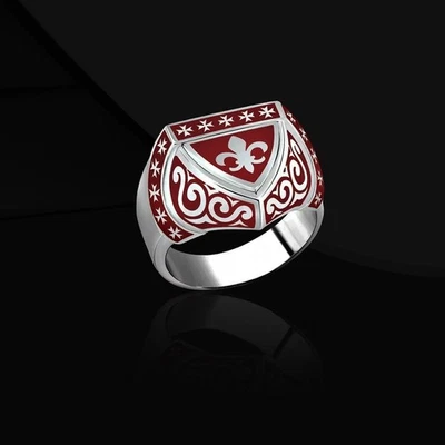 Anillo de sello Flor De Lis esmalte rojo anillo de plata de ley 925 libre de impuestos Foto 1 de 4