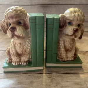 Vintage Trimont Poodle Dog Bookends Heavy Ceramic 6.5x4” Blue Eyes Hand Painted - Picture 1 of 12