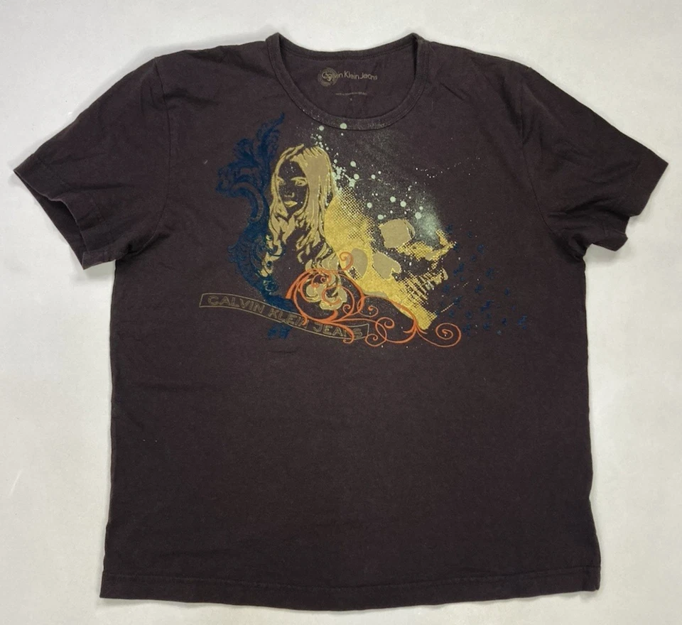 Calvin Klein джинсы сексуальный блондинка девочка графический футболка мужчин XL коричневый короткий рукав Y2K - Изображение 1 из 4