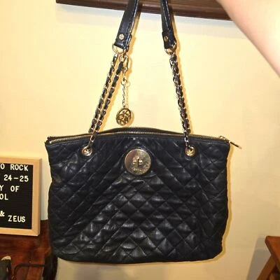 DKNY Donna Karan NY Quilted soft leather black zip top tote bag chain handles - Image 1 of 4
