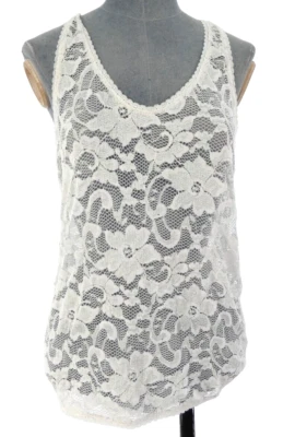 Lace Top Tank Racer Back Floral White Sheer 90s Crochet Marcelle Vest T2 size S - Image 1 of 4