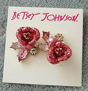 Betsey Johnson Glitter Rose & Crystal Stud Earrings - Picture 1 of 5