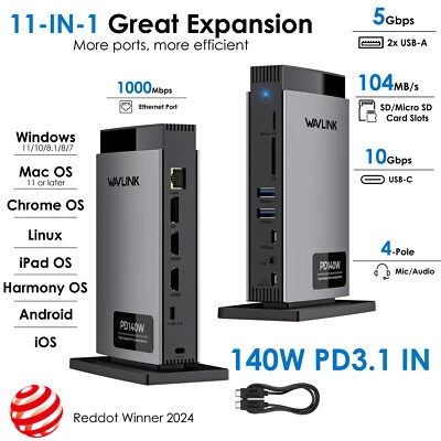 Estación de Acoplamiento Triple Pantalla 11 en 1 140W PD3.1 8K HDMI/DP para Mac/Win SD/TF Foto 1 de 4