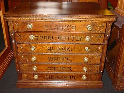 Antique Clark's Six Drawer Oak Spool Thread Cabinet---spoon Carving---15593 • 2,100$