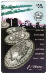 Tarjeta telefónica empaquetada de $3,00 1994 American Numismatic Convention (ANA Detroit 1994) - Imagen 1 de 3